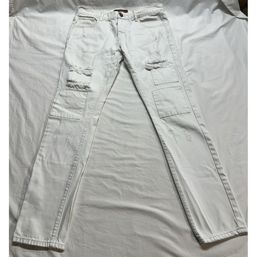 Crysp Denim Men's Skinny Slim Fit Jeans White Distressed 34